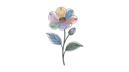 Naklejka premium Minimalist flower vector with pastel watercolor petals, a small bud, and three delicate green leaves outlined in black 