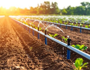 Irrigation system watering a field of young plants