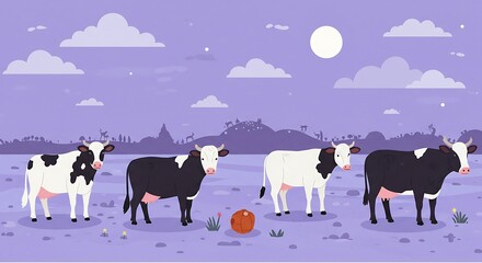 Cows grazing under the moonlight in a stylized illustration for various uses