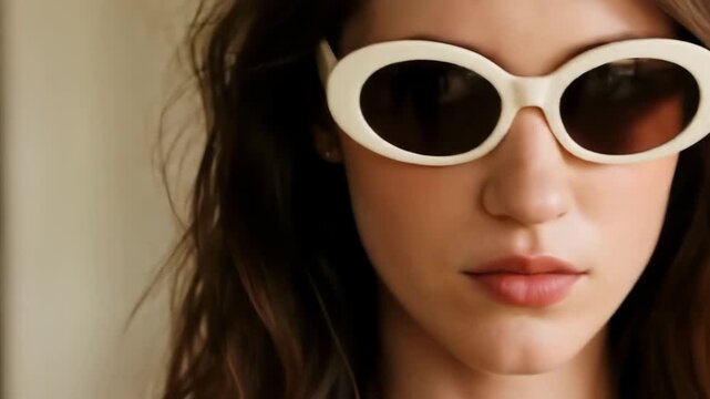 Close-up of a fashionable young woman wearing chic white oval sunglasses, exuding a cool and confident attitude. Perfect for lifestyle and fashion themes.