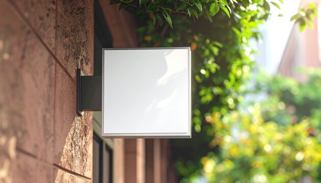 Blank white square shop sign mockup on a rustic brick wall, adorned with vibrant green leaves and warm sunlight, perfect for branding and custom designs