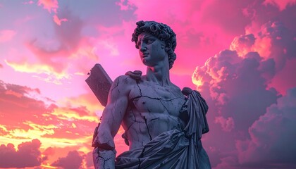 Fototapeta premium Timeless classical statue illuminated by the surreal colors of a cotton candy sunset, an artistic representation of strength and beauty against a dreamlike, vibrant backdrop