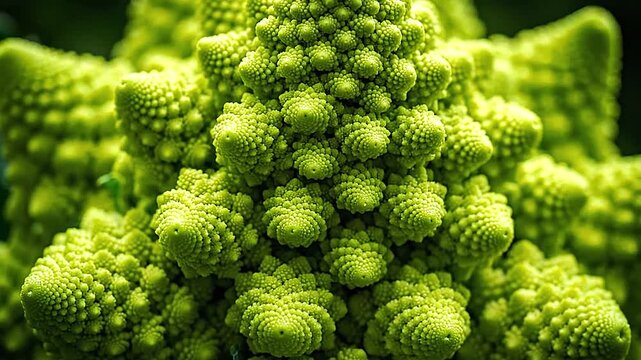 Close-up of the spiraling, fractal pattern of a Romanesco broccoli.