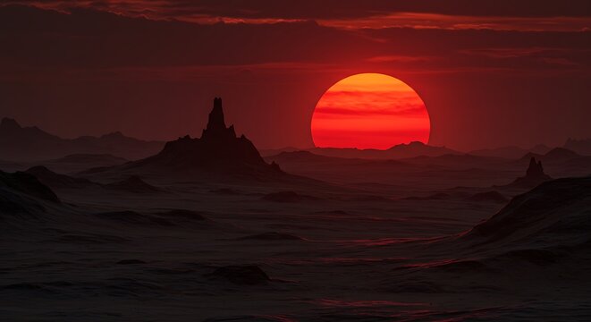 Dramatic sunset over distant landscape with silhouettes and vibrant colors