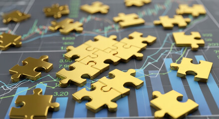 Obraz premium Golden Puzzle Pieces on Financial Charts Representing Investment Strategy and Market Analysis