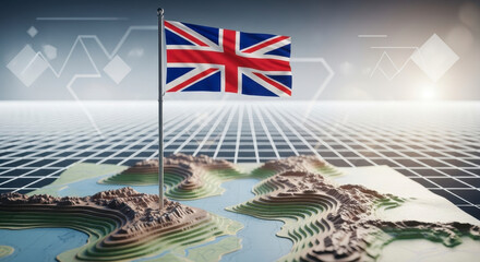 Digital United Kingdom Landscape with Flag and Data Visualization Elements
