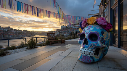 Day of the dead skull in porto portugal with sunset view and colorful decoration travel