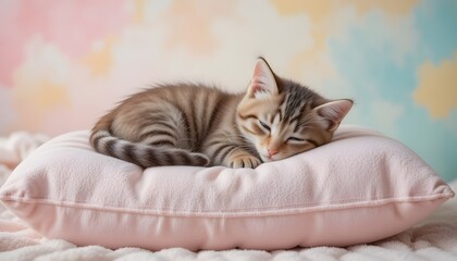 "Cute kitten sleeping on soft pillow, pastel background