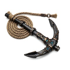 Fantasy Grappling Hook Game Asset  Ornate Steampunk Climbing Tool with Coiled Rope