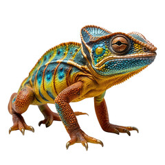 Obraz premium Vivid chameleon, detailed scales, vibrant colors, side view, black background