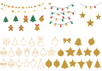 Christmas Decorations Vector Set with Ornaments, Lights, and Gingerbread..