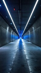 Tunnel with illuminated linear blue lights on walls