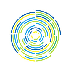 Abstract circular pattern with concentric rings of colored lines.