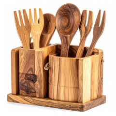 Wood server set utensils, serving spoons, forks in holders