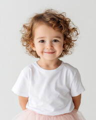 Cute child with curly hair wearing white t-shirt and pink skirt