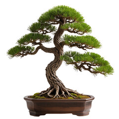 Miniature tree with green leaves, twisted trunk in a brown pot. Isolated on black