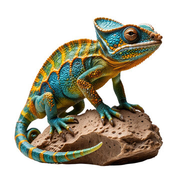 Colorful chameleon perched on a rock, vibrant scales, detailed, exotic reptile