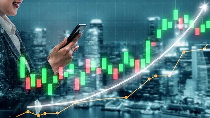 A business professional examines stock market data on a smartphone, surrounded by glowing financial graphs and a modern cityscape, symbolizing investment growth. Copula - Powered by Adobe
