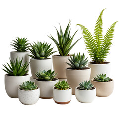 Fototapeta premium Various potted succulents and green ferns in a bright studio