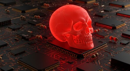 Red glowing skull on computer chip digital security threat concept