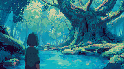 Anime Manga Forest Hiking Illustration – Nature Lovers Art
