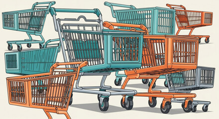 Illustration showing a pile of shopping carts in teal orange and gray colors stacked on top of each other