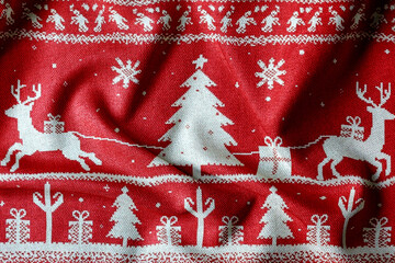 Seamless red Christmas fabric pattern with knitted texture, pixel-style festive design for holiday backgrounds, textiles. Cozy and traditional Christmas background evokes warmth and winter charm.