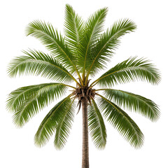 Lush green coconut palm tree with feathery leaves, isolated on black backdrop