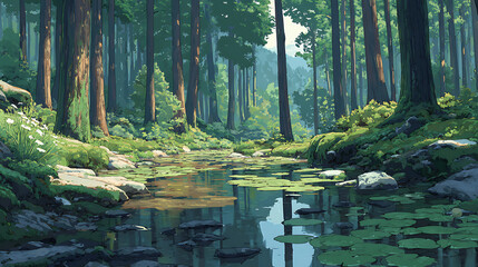 Anime Manga Forest Hiking Illustration – Nature Lovers Art