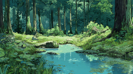 Anime Manga Forest Hiking Illustration – Nature Lovers Art