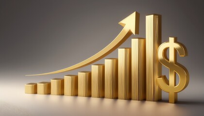 3d rendering of gold dollar sign bar graph and arrow up on grey gradient background financial economic growth business chart concept