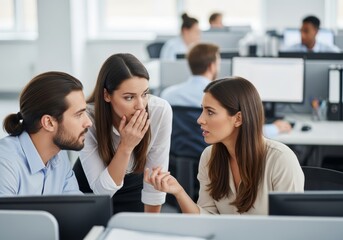 Colleagues gossip around office water cooler. Woman whispers secret to her coworkers, who look shocked and surprised. Scene captures confidential discussion, workplace rumors