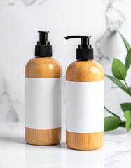 Two pumps, wooden bottles, white label, marble backdrop