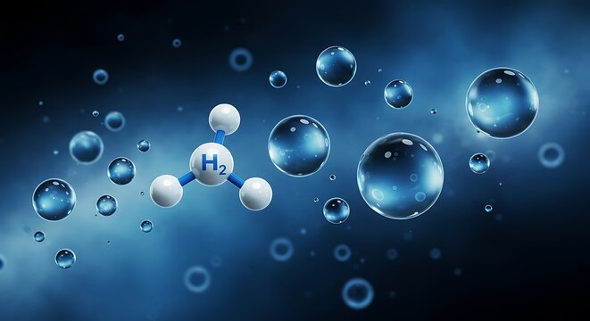 Molecular structure of hydrogen and bubbles on a blue background