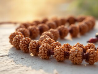 Obraz premium Rudraksha mala beads resting on a surface during sunset