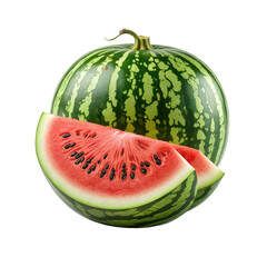 Ripe watermelon, sliced to show juicy red flesh and seeds, on black backdrop