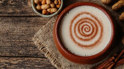 Traditional Mexican peanut horchata in clay bowl with cinnamon spiral, served with mixed nuts on rustic woven surface, overhead food photography