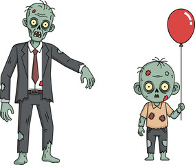 Cartoon zombie characters, scary undead father and child, horror Halloween artwork, spooky walking dead illustration, creepy monster design, grotesque Halloween cartoon