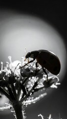 Monochrome Image of a Ladybug Perched on a Flower Blossom Capturing Detailed Close Up