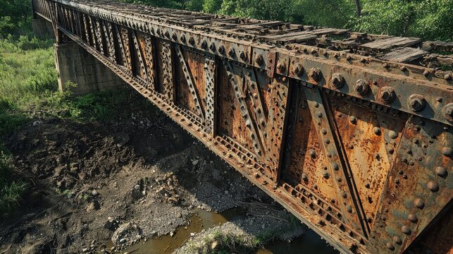Bridge abutment details historic railroad trestle weathered riveted steel girder construction showing lattice truss framework natural rust patina structural engineering