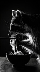 Monochrome Marvel: A Raccoon's Culinary Adventure with Noodles and Chopsticks