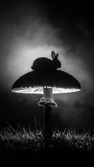 Enigmatic monochrome: A bunny's repose atop a luminous mushroom pedestal