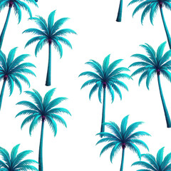 Turquoise palm trees on black backdrop, tropical seamless design