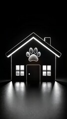 Monochrome illuminated silhouette of a pet-friendly building, featuring paw print