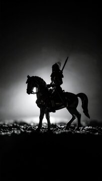 Dramatic monochrome silhouette of knight on horseback in atmospheric scenery