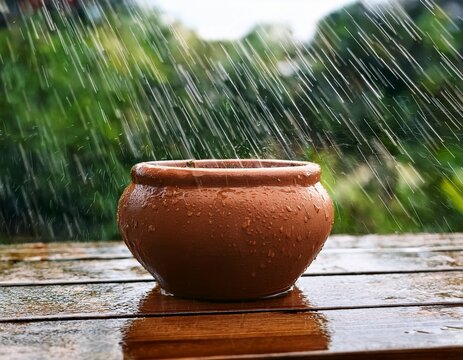 a clay pot sitting on a wooden table during rain creating a serene atmosphere with water splashes