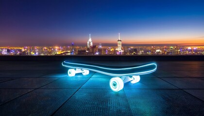 glowing skateboard with led lights on a rooftop at night over a city skyline