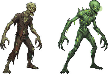 Scary zombie with glowing eyes, creepy alien undead creature, horror illustration, spooky walking dead monsters, terrifying cartoon design, halloween frightening characters artwork
