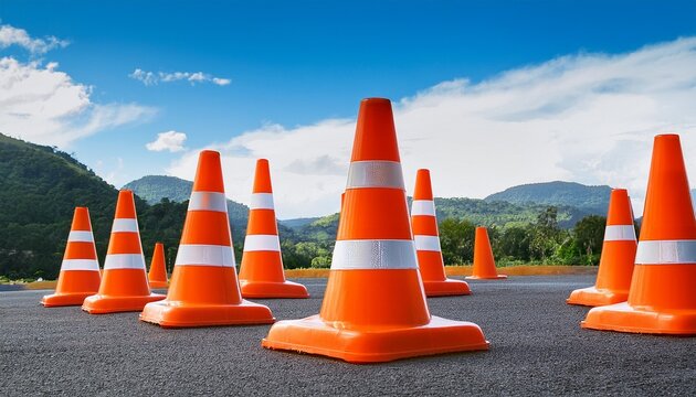 vivid orange traffic cones with reflective white stripes arranged against transparent air