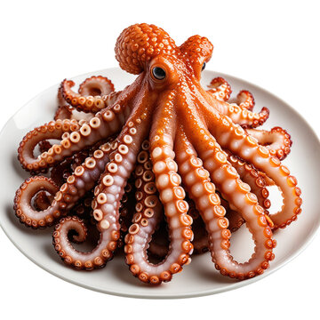 Cooked octopus on white plate, ready to eat. Fresh and appetizing seafood meal